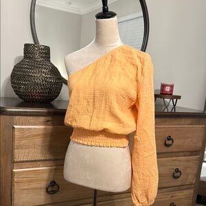 Versona Orange Asymmetrical Smocked Blouse